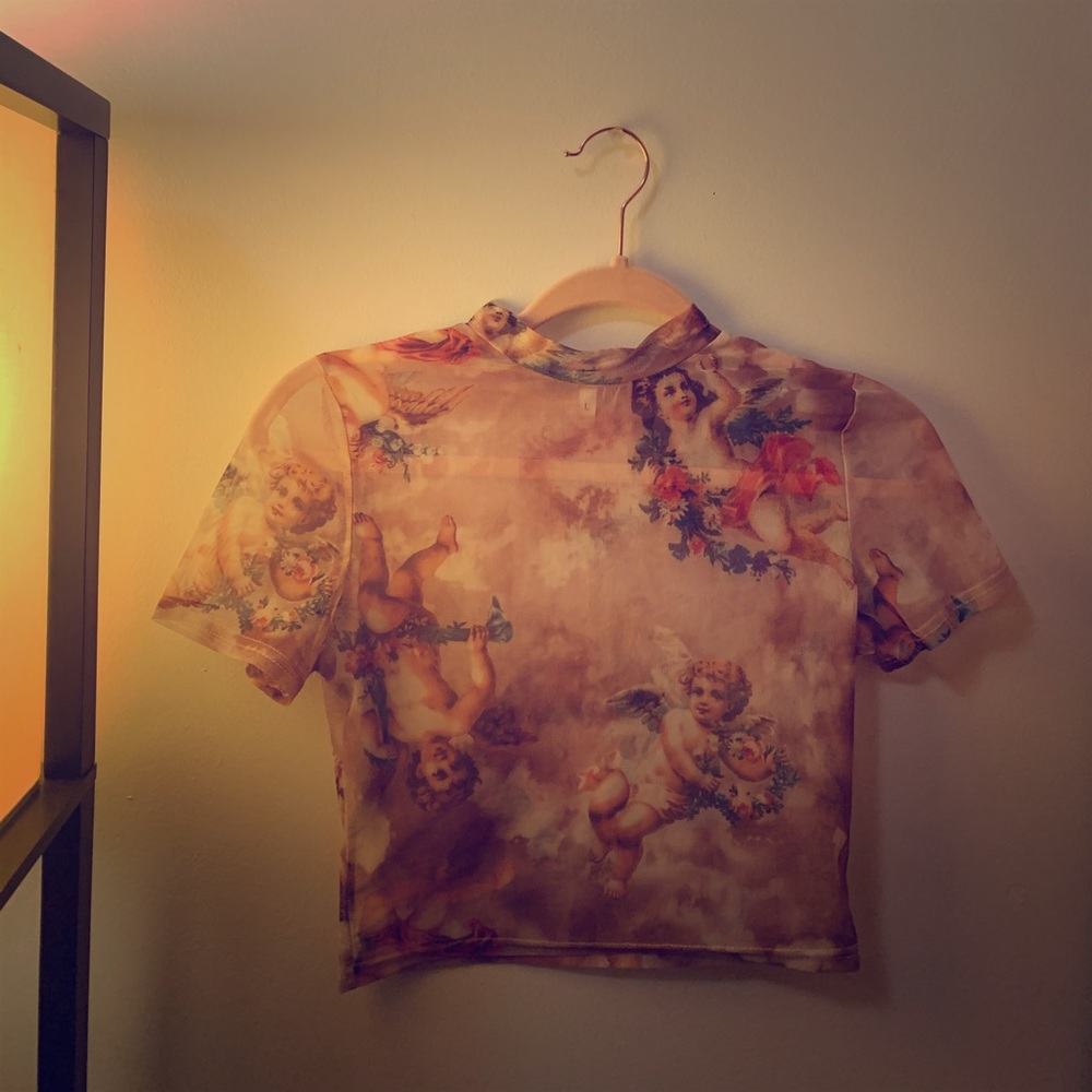 Tan Mesh Angel Print Crop Top